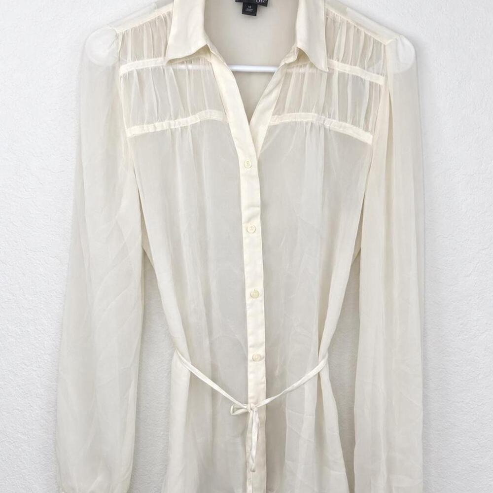 Sheer Chiffon Belted Button Front Blouse Women M Ivory Romantic Parisian Chic